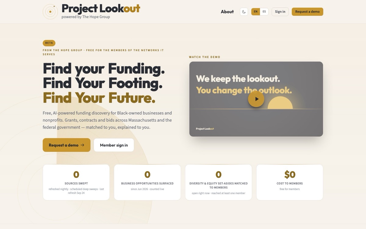 The Project Lookout landing page. Find your funding. Find your footing. Find your future.