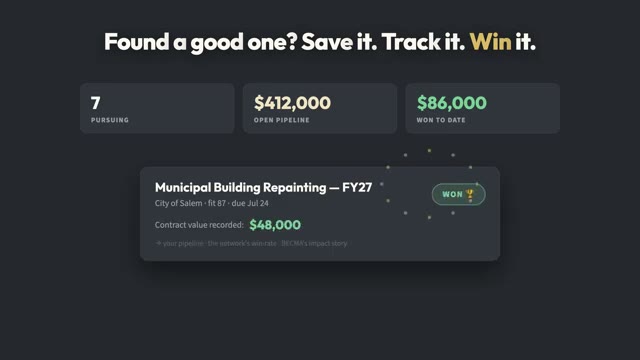 Found a good one? Save it, track it, win it. A pipeline from first sighting to won contract, and one tap when it ends.