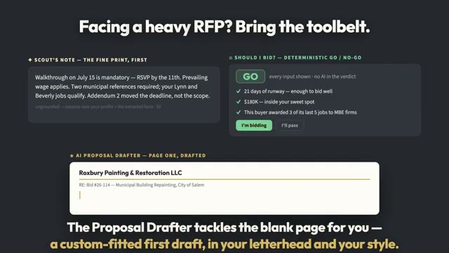 Facing a heavy RFP? The scout reads the fine print, a go or no-go check sizes it up, and the proposal drafter takes the blank page, in your letterhead and your style.